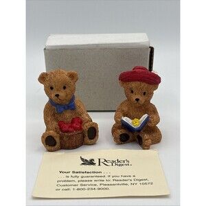 Set of 2 VTG Readers Digest Christmas Bear Ornaments Girl w Book & Boy w Apples